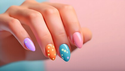 Model’s hand showcasing a playful polka dot nail design with bright pastel shades.