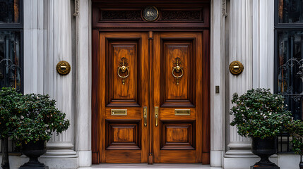 Double wooden doors with ornate brass hardware and potted plants on either side.