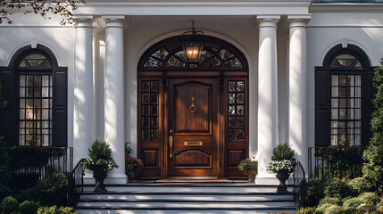 Elegant wooden door with arched window, flanked by pillars, on a classic white home.