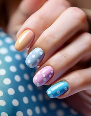 Model’s hand showcasing a playful polka dot nail design with bright pastel shades.