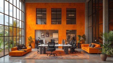 Modern office interior with orange accents and spacious design.