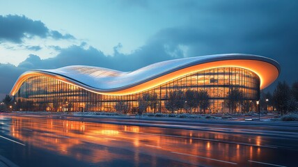 Obraz premium Modern architectural building with a flowing design and illuminated facade.