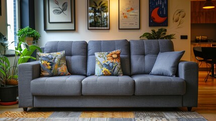 Modern gray fabric sofa with storage in a cozy living room, home decor and furniture concept, high-definition photography.