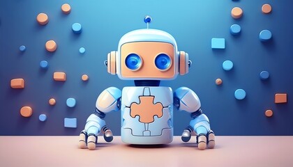 A colorful, cartoonish robot with large eyes and a puzzle piece on its chest, set against a vibrant blue background with geometric shapes.