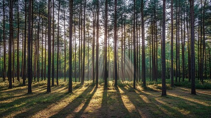 Fototapeta premium Sunlight streaming through tall pine trees in a dense forest, creating long shadows on the forest floor.