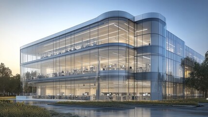 Modern glass office building with spacious workspaces and greenery.