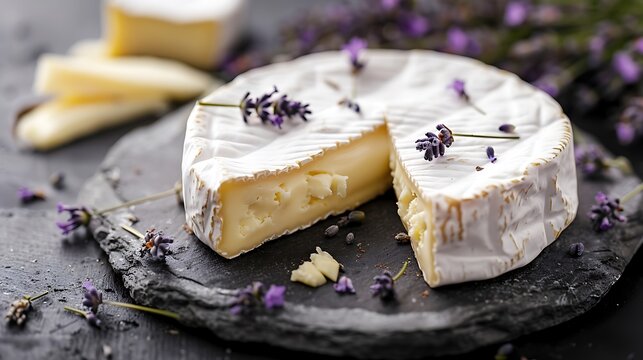 Camembert cheese with lavender on a black slate board.