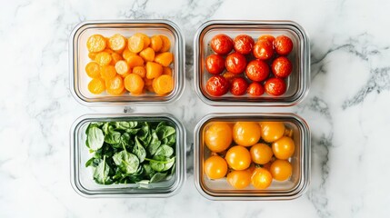 Fresh Vegetables and Fruits in Glass Containers on Marble