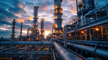 A large industrial plant with many pipes and a cloudy sky in the background