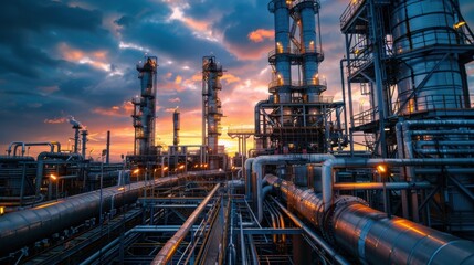 Fototapeta premium A large industrial plant with many pipes and a sunset in the background