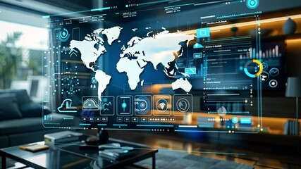 A modern home office showcases a holographic world map and various data visuals, reflecting a blend of technology and design in a daylight setting. - Powered by Adobe