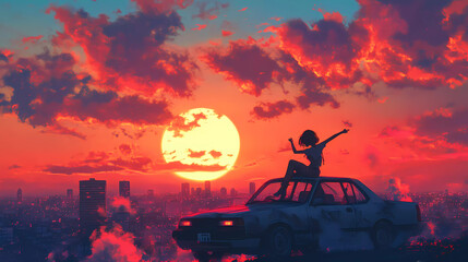 Fototapeta premium depicting a sunset over a city in the background woman dancing on top of an car, watching it burn to ashes. The image has a lo-fi, colorful aesthetic lo-fi music genre Generative AI. 