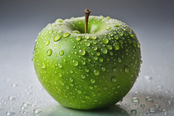 Fresh green apple with tiny water droplets glistening on its surface, revealing intricate texture and vibrant color, isolated on a neutral background in soft focus.