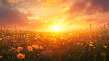 Golden Sunset Over a Field of Wildflowers