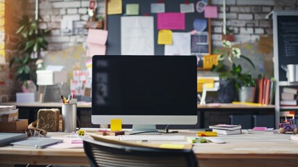 computer monitor and sticky notes in a light office generative ai