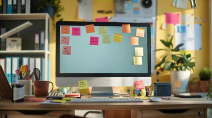 computer monitor and sticky notes in a light office generative ai