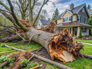 Aftermath of a devastating tornado in Michigan, a massive fallen tree lies torn and twisted in a residential backyard, surrounded by debris and wreckage.