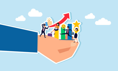 A group of employees building teamwork to improve team performance based on a chart, illustrating the trend of effective and efficient teamwork boosting business performance