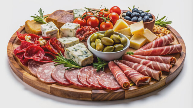 Freshly prepared antipasto platter featuring an assortment of cured meats, artisanal cheeses, olives, and vegetables, beautifully arranged on a white transparent background.