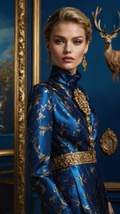 portrait of a woman in a dress
in traditional blue costume with elegant makeup and hairstyle-1