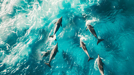 Fototapeta premium Aerial view Group of dolphins swimming in the ocean with crashing waves, symbolizing the beauty of marine life. Protect animals and the ocean environment. Background marine life