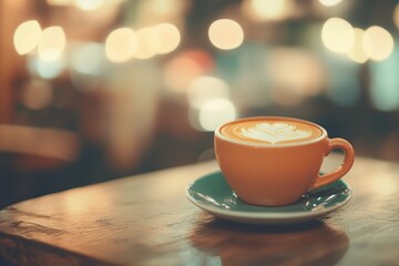 Obraz premium Warm cup of coffee on a wooden table in a vintage coffee shop with bokeh lights creating a cozy atmosphere during the evening