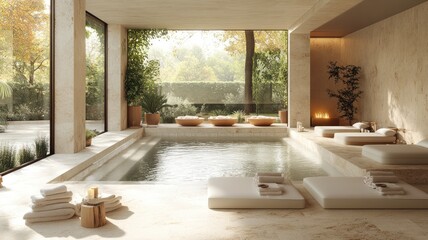 Serene indoor spa space with a tranquil pool and natural light.