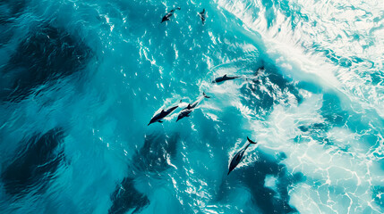 Aerial view Group of dolphins swimming in the ocean with crashing waves, symbolizing the beauty of marine life. Protect animals and the ocean environment. Background marine life