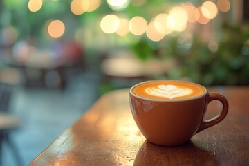 Obraz premium Cozy coffee shop atmosphere with bokeh background, featuring a latte on a wooden table during a sunny afternoon