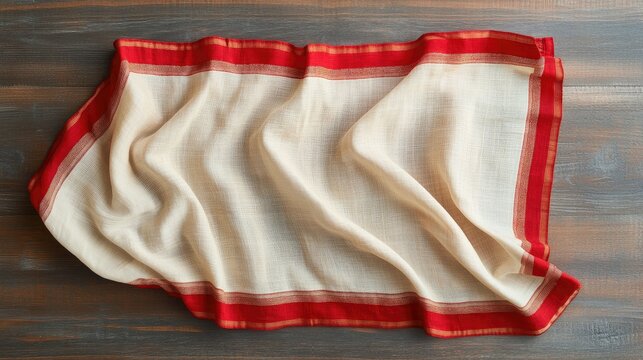 A soft cream-colored cotton dhoti with red borders, laid out on a plain wooden surface.