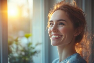 Woman smiling after a breakthrough during therapy, sunlight streaming through the window, emotional release, mental wellness