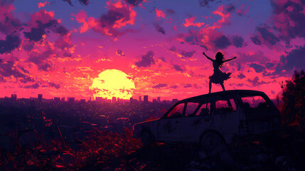 Fototapeta premium depicting a sunset over a city in the background woman dancing on top of an car, watching it burn to ashes. The image has a lo-fi, colorful aesthetic lo-fi music genre Generative AI. 