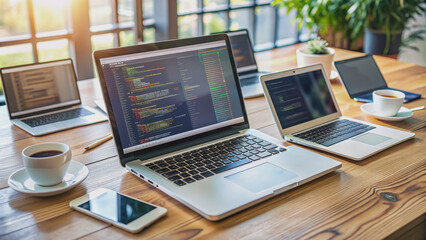 Modern laptop and multiple screens displaying code and design elements for a mobile application, surrounded by empty coffee cups and scattered notes on a cluttered desk.