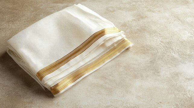 A traditional white cotton dhoti with golden border, neatly folded on a plain beige surface.