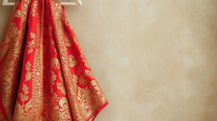 A vibrant red dhoti with intricate golden zari work, draped on a plain white hanger against a beige wall.