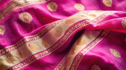 Obraz premium Bright magenta silk sari with gold zari work, cascading beautifully on a simple plain white background.