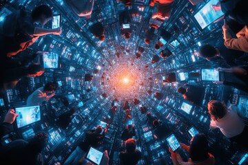 A group of people are looking at their cell phones in a large room