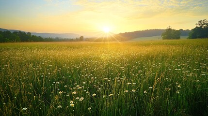 Sunlit Meadow with Daisies and Distant Hills at Sunrise