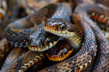 Fototapeta premium Mysterious encounter of snakes coiled together in the wild with heads facing each other in their natural habitat
