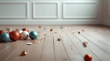 Festive scene with colorful ornaments scattered on a polished wooden floor, creating a cheerful holiday atmosphere.