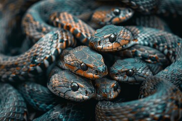 Obraz premium A fascinating encounter of snakes coiling together in the wild, showcasing their unique behavior in natural habitat under soft light
