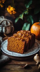 Fototapeta premium vertical format, Delicious pumpkin bread sliced and displayed on a decorative plate surrounded by autumn foliage and warm kitchen decor
