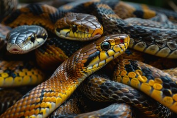 Obraz premium Snakes in a mysterious encounter within the wild, intertwined among each other in nature