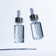 Two small glass bottles with a silver top and a blue liquid inside