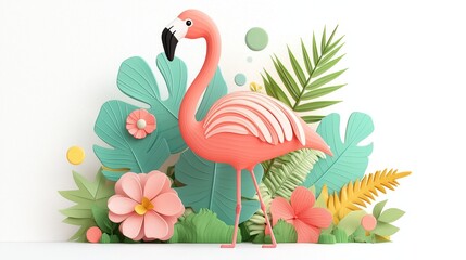 Naklejka premium Tropical Flamingo in Paper Cutout Style Background