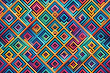 Vibrant colorful geometric maze pattern wallpaper featuring intricate labyrinth design with repeating shapes and abstract lines creating a mesmerizing optical illusion effect.