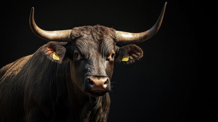 Close up view of a bull with its horns raised in the air. Ai generated image