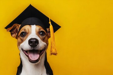Happy dog wearing a graduation cap against a bright yellow background celebrating education and achievement in a fun way