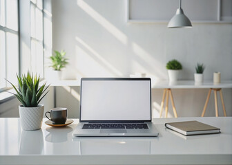 Fototapeta premium Modern laptop on a white table in a minimalist office, screen glowing with empty white space, surrounded by clean lines and minimal decor, facing forward.