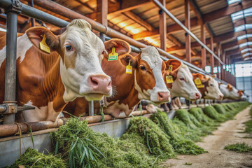 Mouths busy, ears flapping, a row of cows feed on fresh fodder in a rustic stable, their gentle lowing fills the tranquil atmosphere.